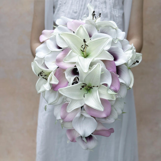Cascade Real Touch Lilac Calla Lily Bridal Bouquet, White Tiger Lily Bridesmaid Bouquet, Beach Wedding Bouquet Gift, Bridal Accessories