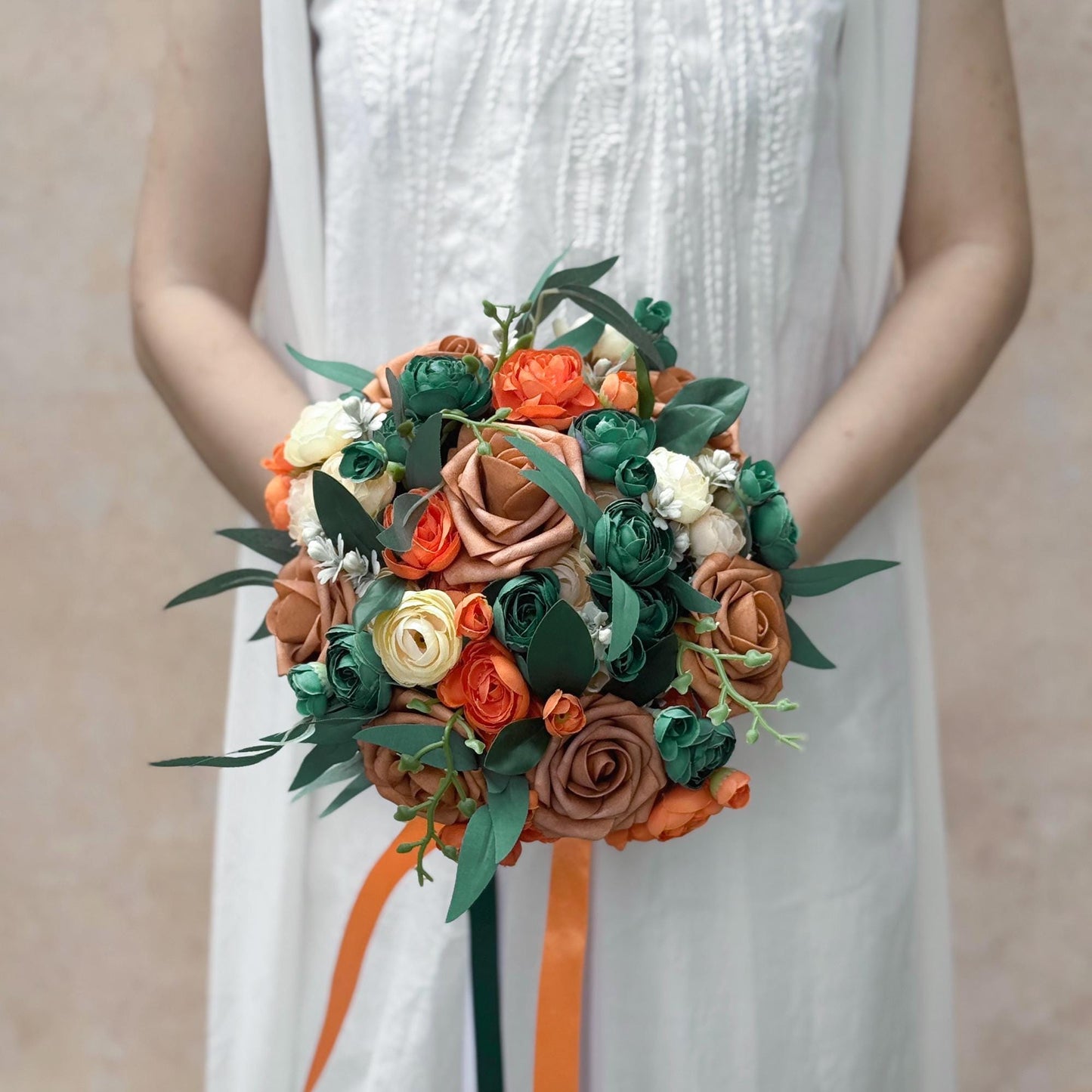 Historical Olive Green Rose Bridal Bouquet, Fall Orange Rose Bridesmaid Bouquet, Foam Champagne Pink Rose Bouquet, Boho Wedding Bouquet Gift