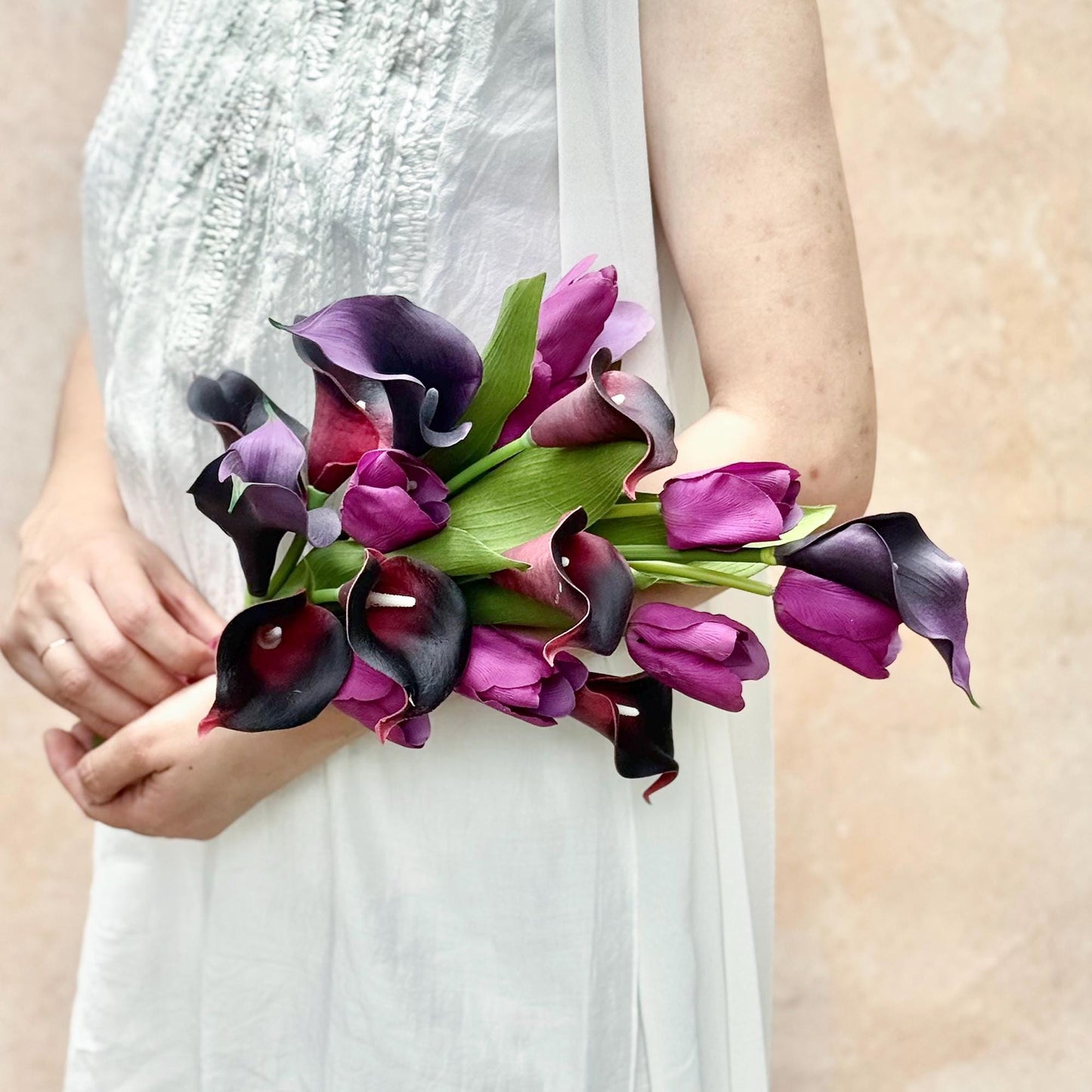 Plum Tulip Calla Lily Flower Bouquet, EVA Floral Arrangements For Home Decor, Simple Rustic Wedding Bouquet For Bridesmaid Gift, Table Decor