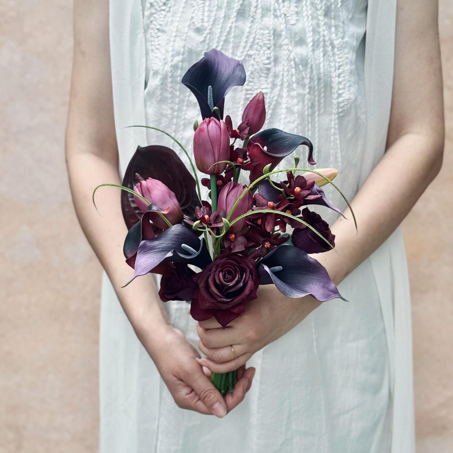 Plum Tulip Calla Lily Flower Bouquet, EVA Floral Arrangements For Home Decor, Simple Rustic Wedding Bouquet For Bridesmaid Gift, Table Decor