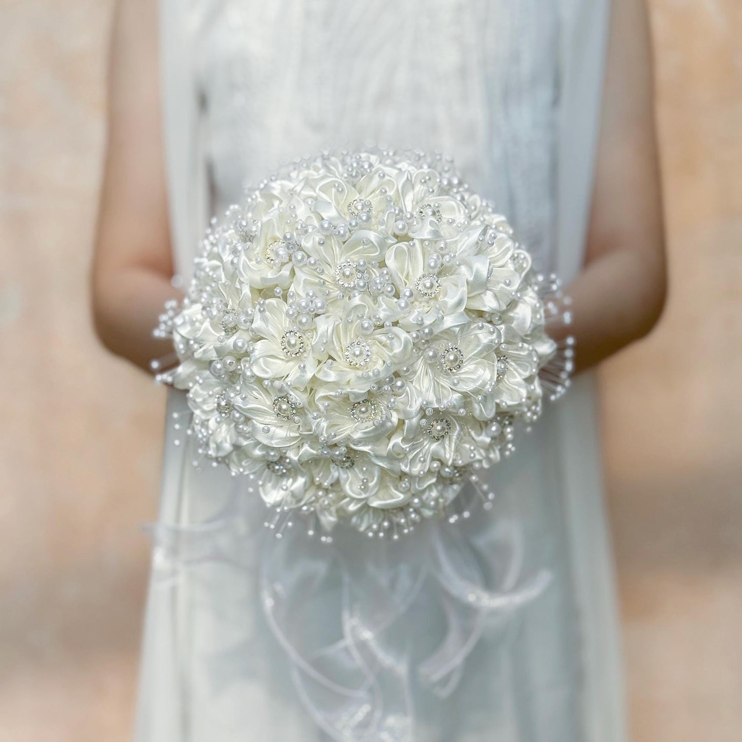 Elegant Pearl Ivory Ribbon Rose Bouquet, Personalized Wedding Rose Flowers, Bridesmaid Gift Idea, Wedding Engagement Gifts Ideas