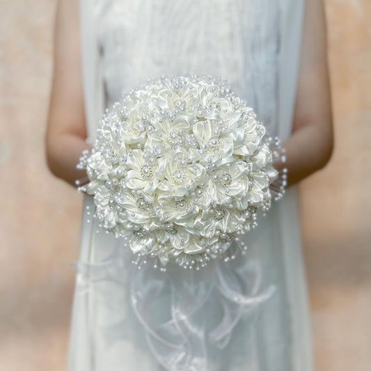 Elegant Pearl Ivory Ribbon Rose Bouquet, Personalized Wedding Rose Flowers, Bridesmaid Gift Idea, Wedding Engagement Gifts Ideas