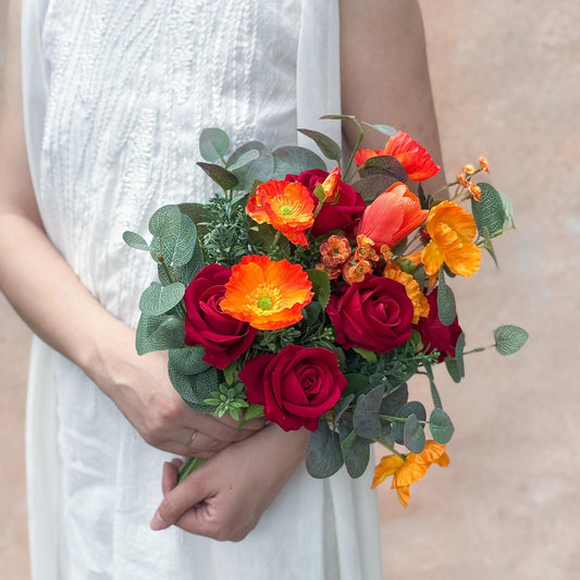 Boho Silk Bouquet For Autumn Bliss, Vibrant Red Rose Mix Orange Poppy Bouquet, Classical Red Bridesmaid Bouquet, Gift For Her, Table Decor