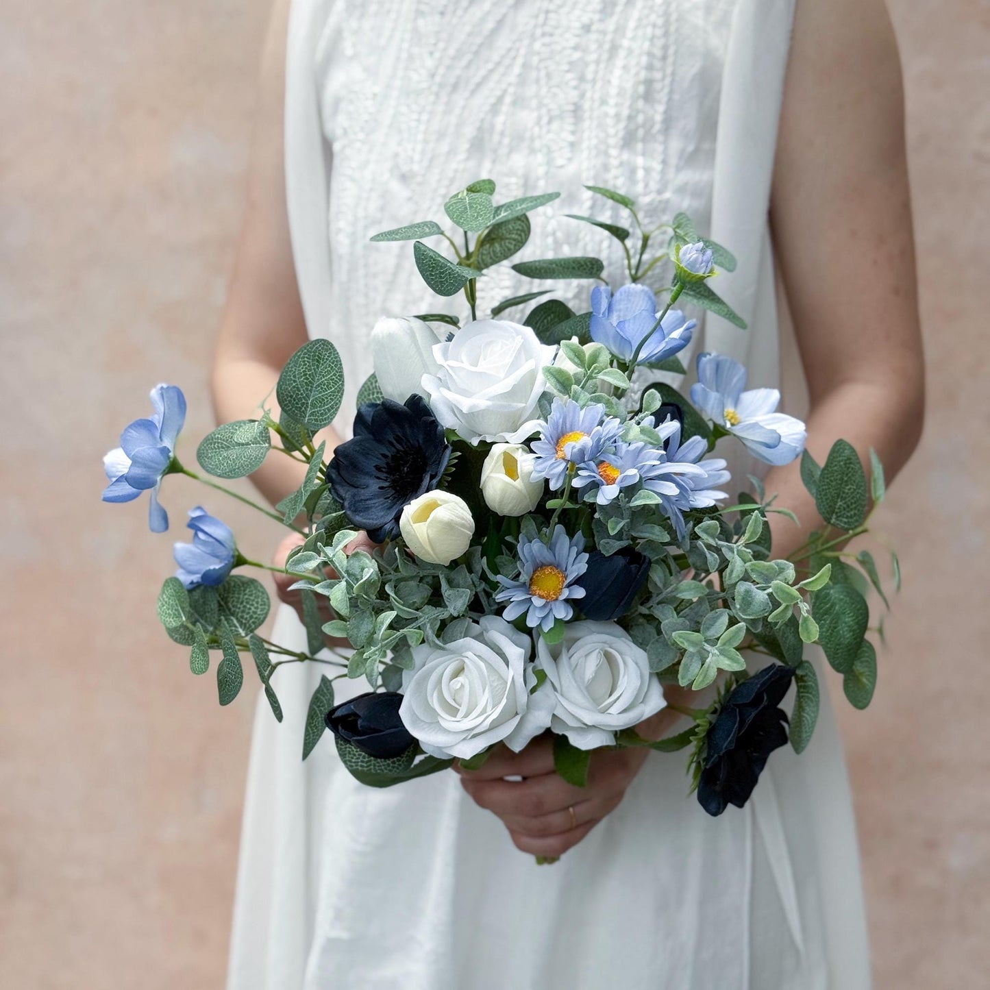 Vintage Rose Rustic Bouquet Collection - Navy Blue Tulip & Eucalyptus, Navy Anemone Bridal Bouquet, Bridesmaid Wildflower Bouquet In Basket