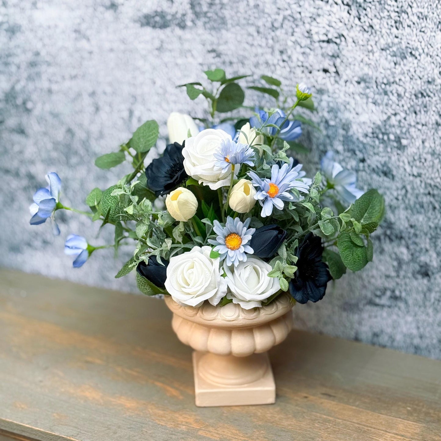 Vintage Rose Rustic Bouquet Collection - Navy Blue Tulip & Eucalyptus, Navy Anemone Bridal Bouquet, Bridesmaid Wildflower Bouquet In Basket
