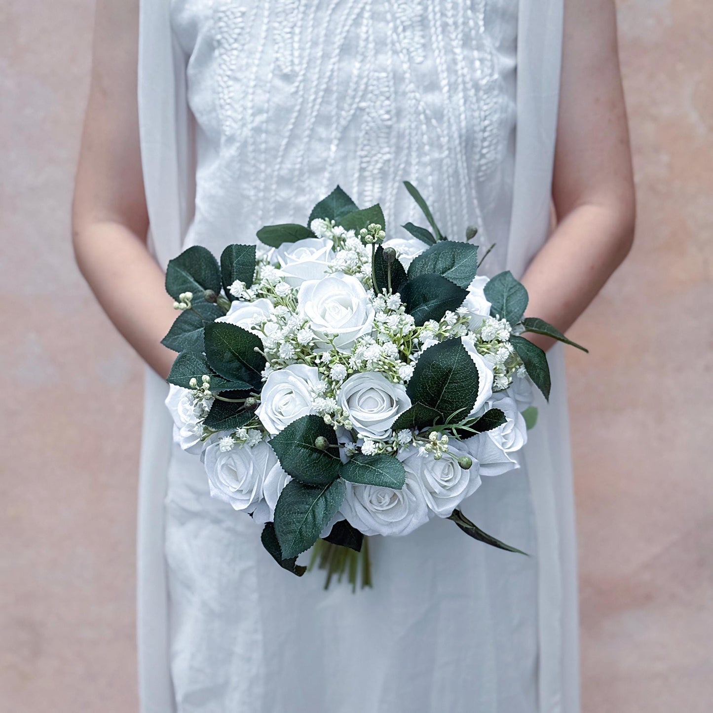 Rustic White Rose Bridal Bouquet With Baby's Breath Collection, White Wedding Bouquet, White Bridesmaid Bouquet Gifts For Her Bridal Shower
