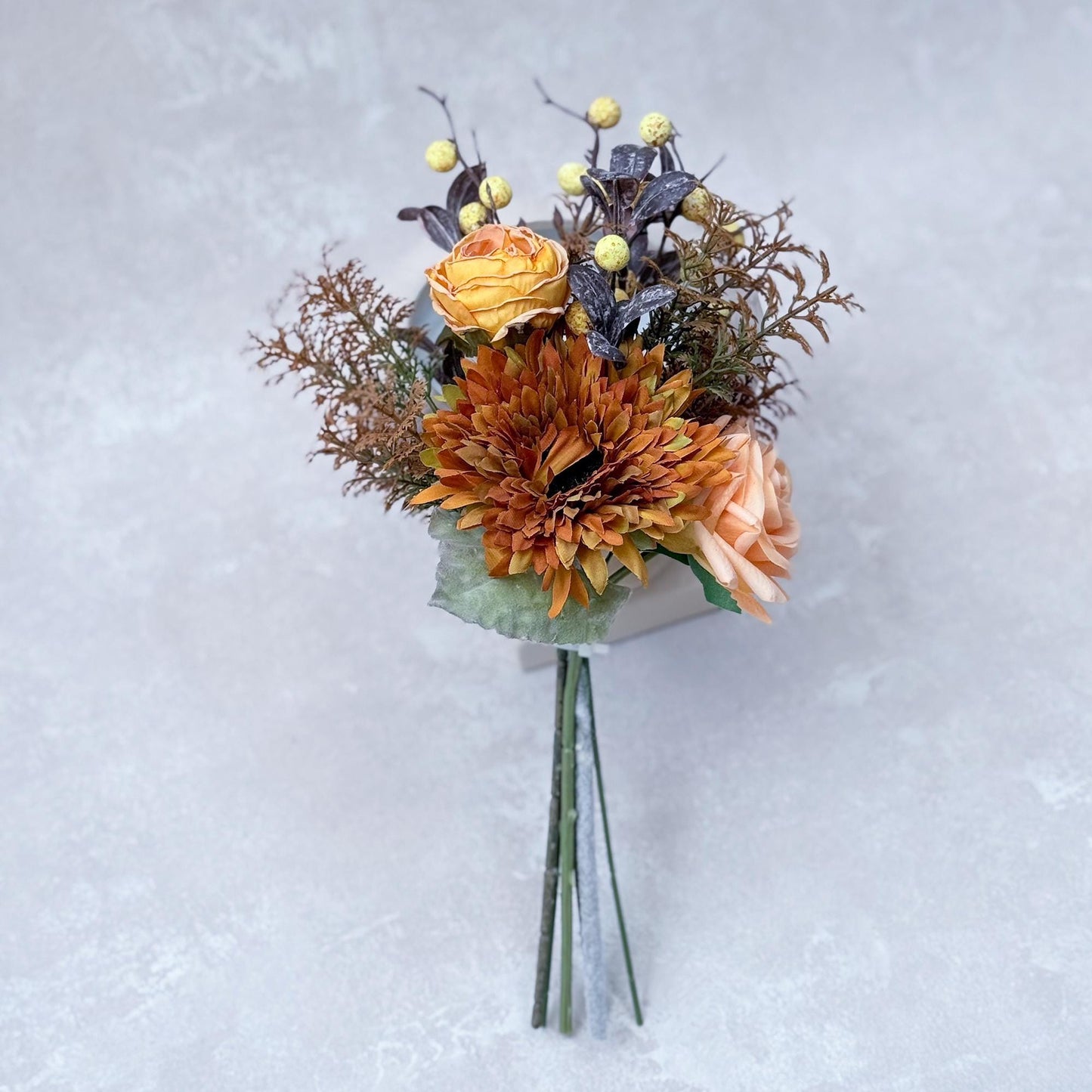 Autumn Sunflower Bouquet - Rustic Real Touch Turmeric Yellow Rose Bouquet, Burnt Peony Bouquet, Gift for Her, Home Decor, Table Centerpiece