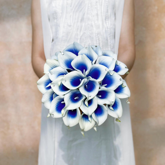 Royal Blue Calla Lily Bridal Bouquet, Rhinestone Bouquet, Bling Rhinestone Wedding Bouquet, Real Touch Calla Lily Bridesmaid Bouquet Gift
