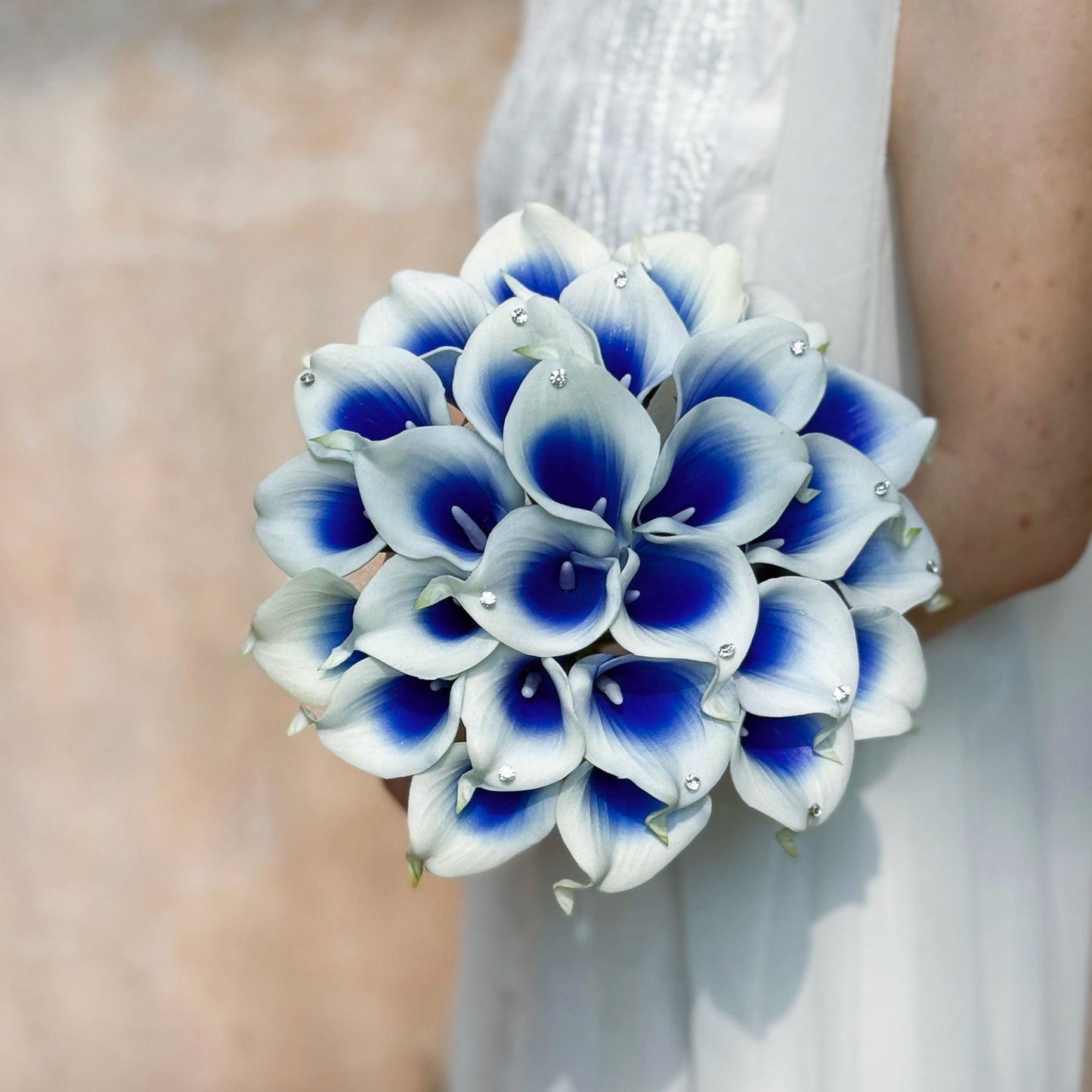 Royal Blue Calla Lily Bridal Bouquet, Rhinestone Bouquet, Bling Rhinestone Wedding Bouquet, Real Touch Calla Lily Bridesmaid Bouquet Gift