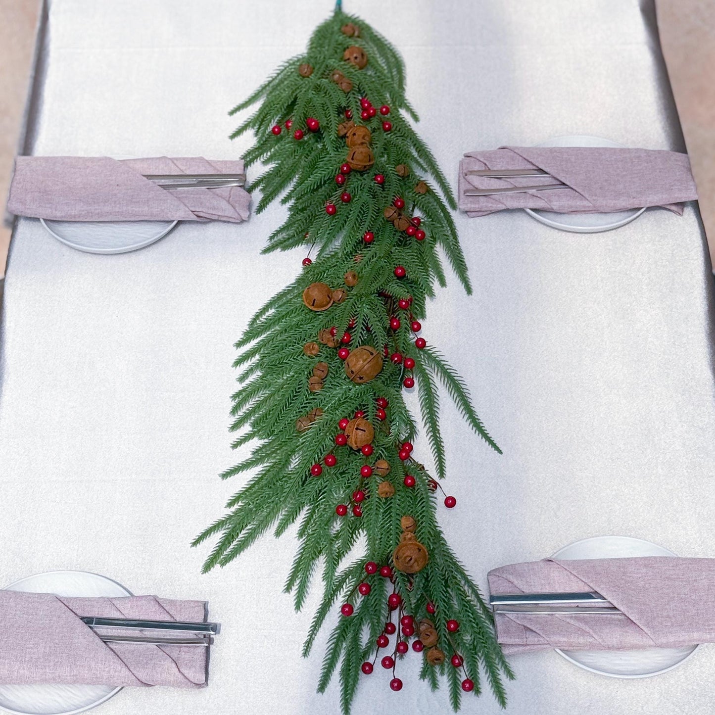 Norfolk Pine garland wreath-Christmas table runner gift box-Holly/Rusty sleigh bell for Christmas home decor/Table centerpiece/gift idea