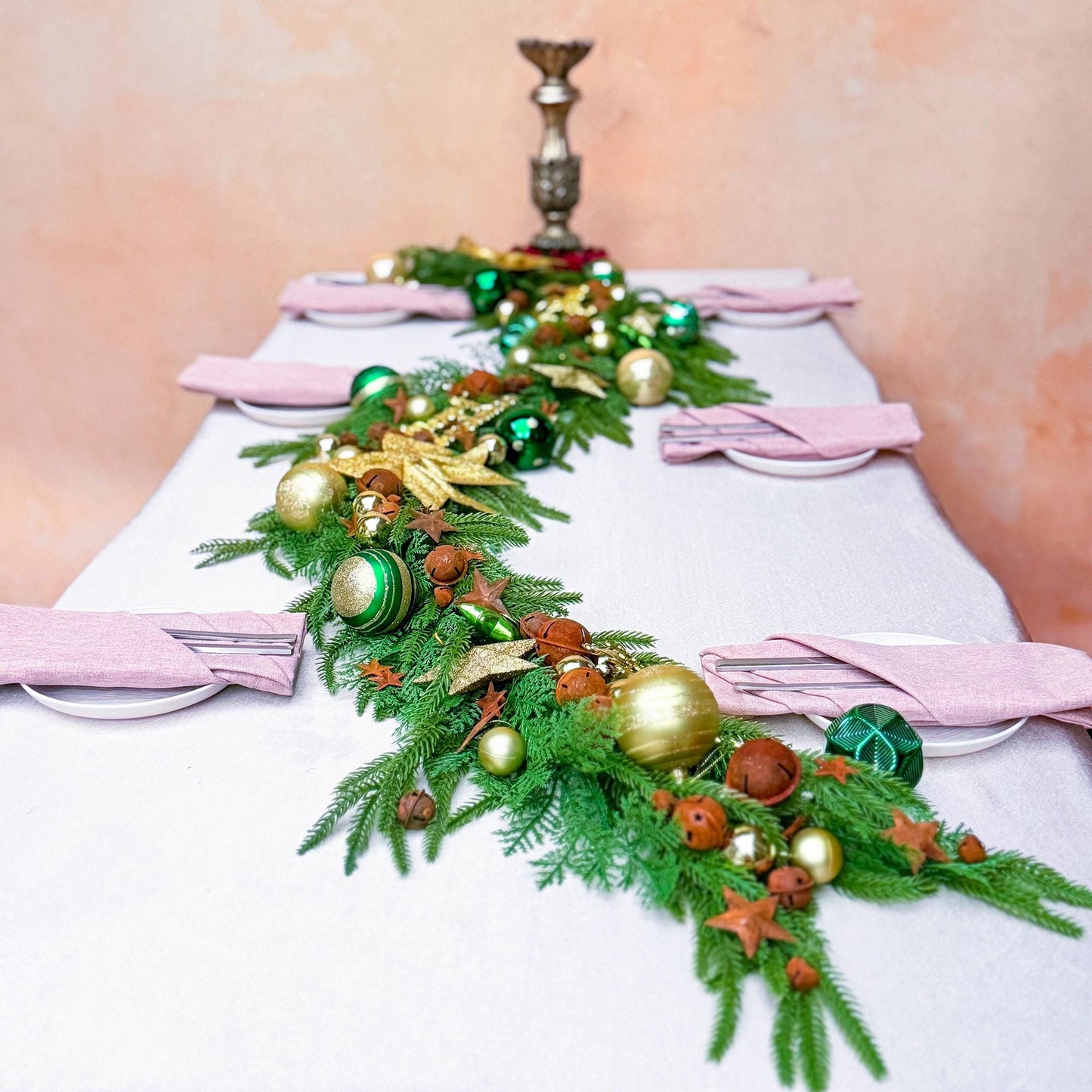 Luxurious Norfolk Pine Garland, Christmas Table Runner Gift Box, Christmas Ball, Rusty Sleigh Bell Star for Christmas Home,Mantelpiece Decor