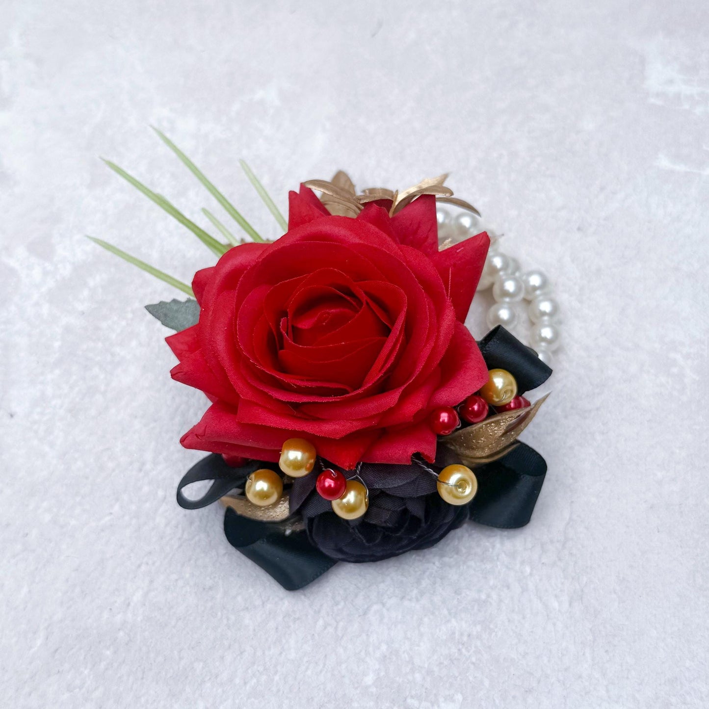 Amazing Red Black Interlaced Rose Wrist Corsage Gift For Back To School Party Boutonniere, Bridesmaid Groom Boutonniere, Bridal Accessories