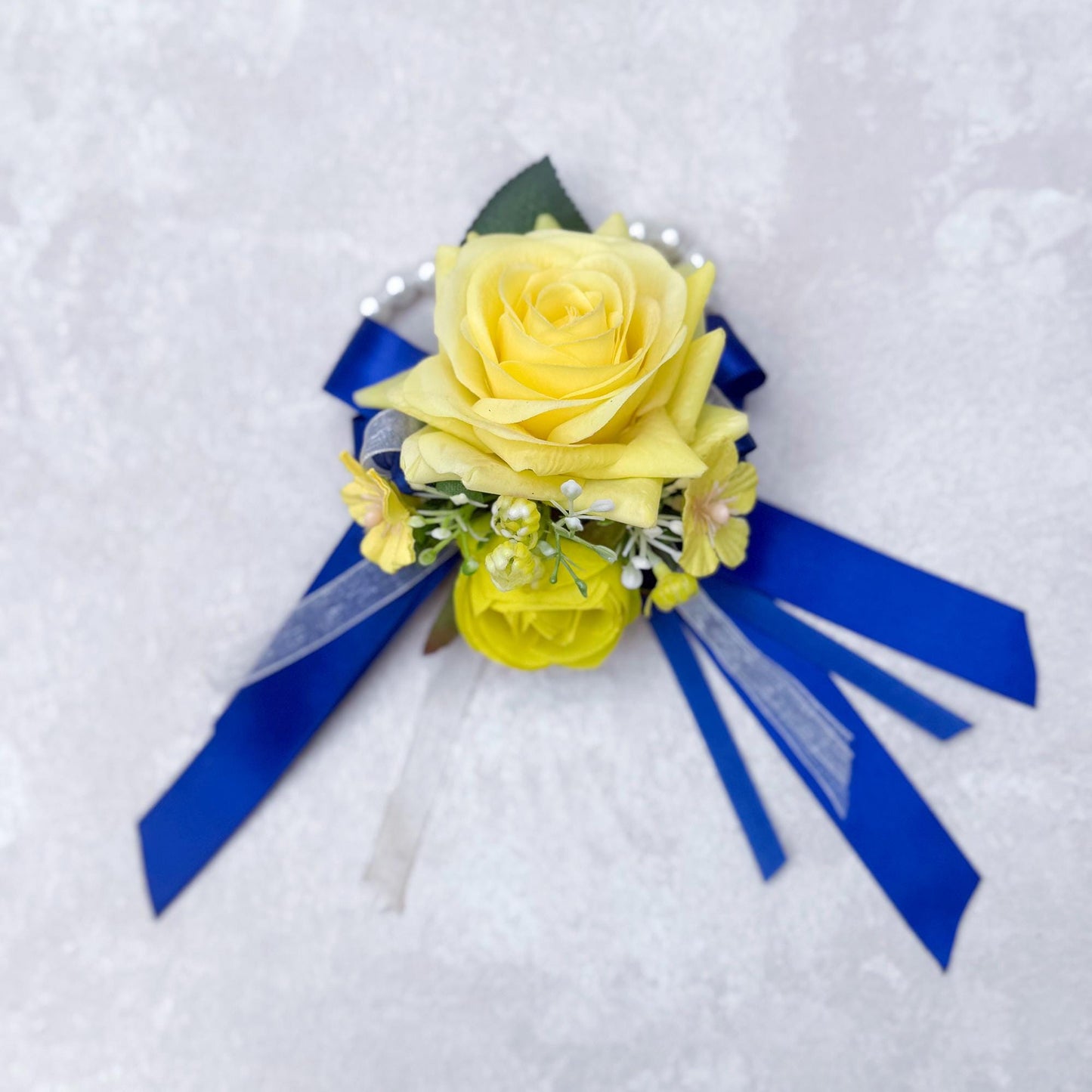 Thrilling Yellow Rose Royal Blue Ribbon Corsage Gift For Back To School Party Boutonniere, Bridesmaid Gift, Bridal Accessories, Boutonniere