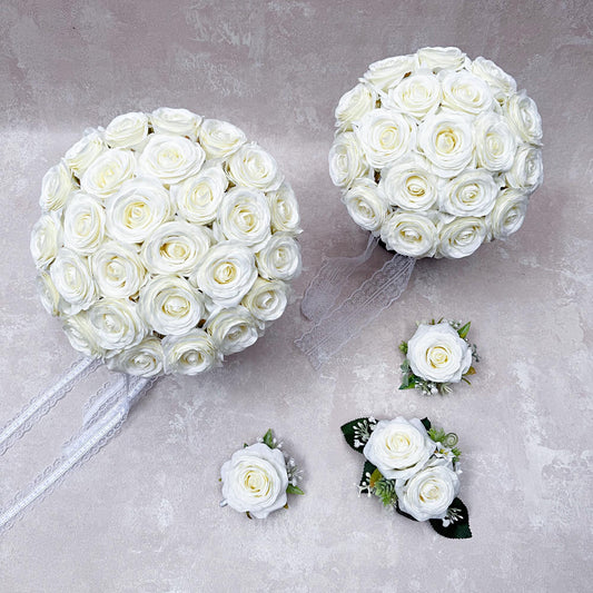 Elegant Round Ivory Rose Bouquet – Custom Bridal Party Accessories, Bridesmaid Bouquet Gift, Mother Corsage, Boutonniere, Cake Topper