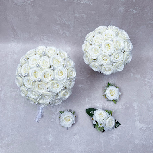 Elegant Round Pearl Rose Bouquet – Custom Bridal Party Accessories, Bridesmaid Bouquet Gift, Corsage For Mom, Boutonniere, Cake Topper