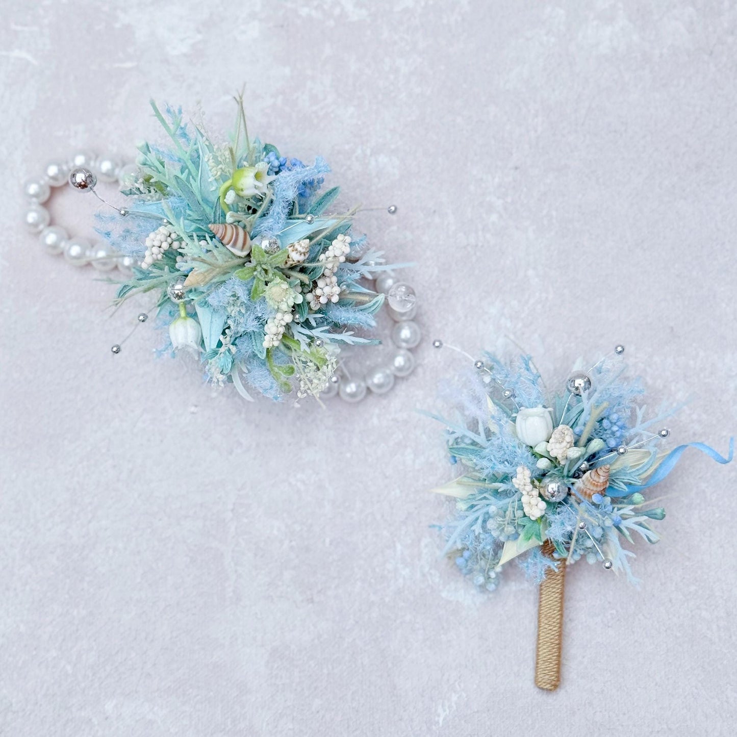 Dried Wildflower Blue Pearl Bracelet - Beach Wedding, Back To School Gift, Wrist Corsage and Boutonniere Set,Gift for Mom,Bridal Accessories