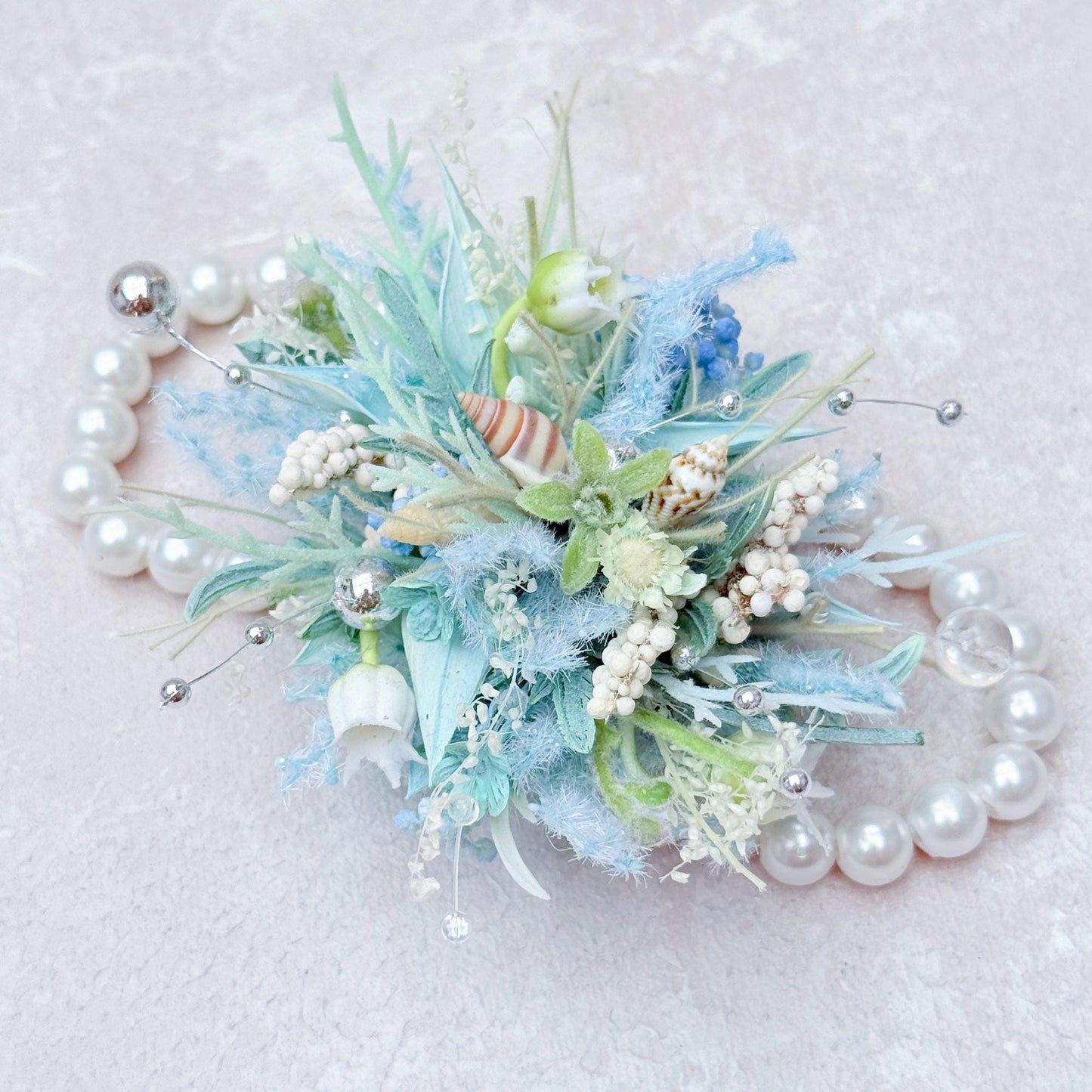 Dried Wildflower Blue Pearl Bracelet - Beach Wedding, Back To School Gift, Wrist Corsage and Boutonniere Set,Gift for Mom,Bridal Accessories