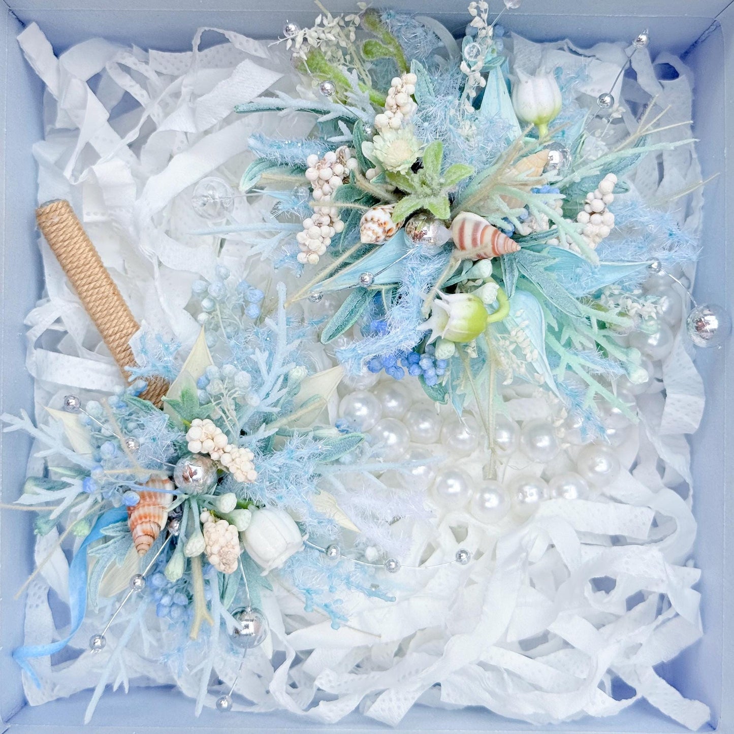 Dried Wildflower Blue Pearl Bracelet - Beach Wedding, Back To School Gift, Wrist Corsage and Boutonniere Set,Gift for Mom,Bridal Accessories