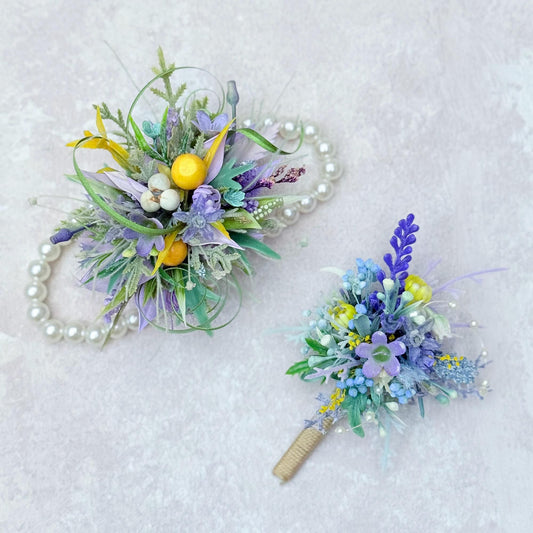 Dried Wildflower Lavender Pearl Bracelet - Rustic Wedding, Back To School Gift, Corsage and Boutonniere Set,Gift for Mom,Bridal Accessories
