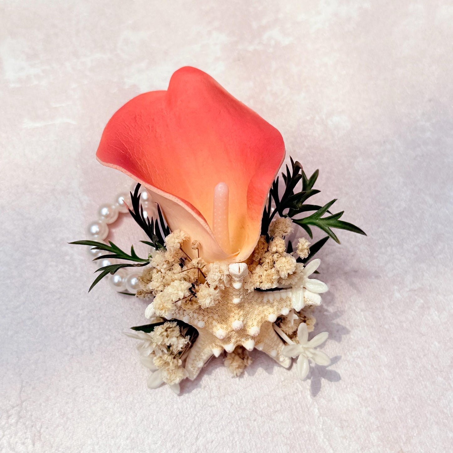 Coral Calla Lily Pearl Bracelet For Beach Wedding - Real Touch Wrist Corsage For Prom, Bride To Be Gift, Starfish Groom Boutonniere