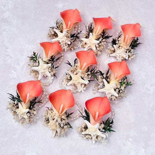 Coral Calla Lily Pearl Bracelet For Beach Wedding - Real Touch Wrist Corsage For Prom, Bride To Be Gift, Starfish Groom Boutonniere