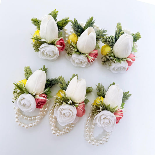 Rustic White, Yellow & Dusty Pink Rose Bracelet With Pearl, Real Touch Tulip Wrist Corsage, Gift For Her, Groom Boutonniere, Prom Corsage