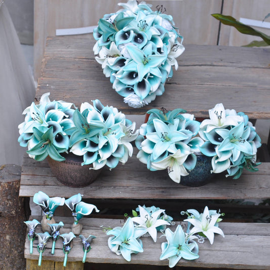 Cascade Tiffany Calla Lily Bridal Bouquet, Tiger Lily Bridesmaid Bouquet, Spa Turquoise Lily Bouquet, Rustic White Beach Wedding Bouquet