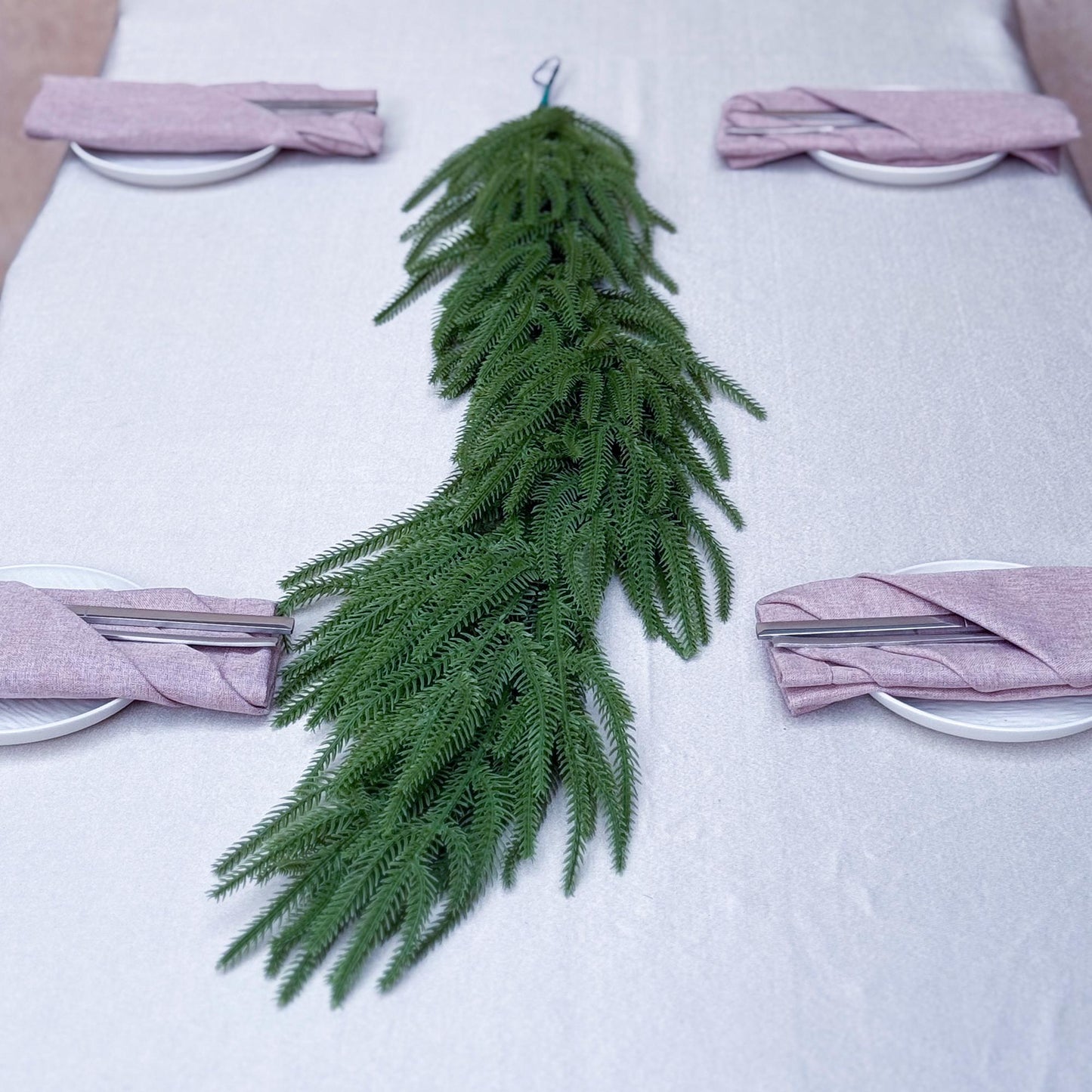 Norfolk Pine garland wreath-Christmas table runner gift box-Holly/Rusty sleigh bell for Christmas home decor/Table centerpiece/gift idea