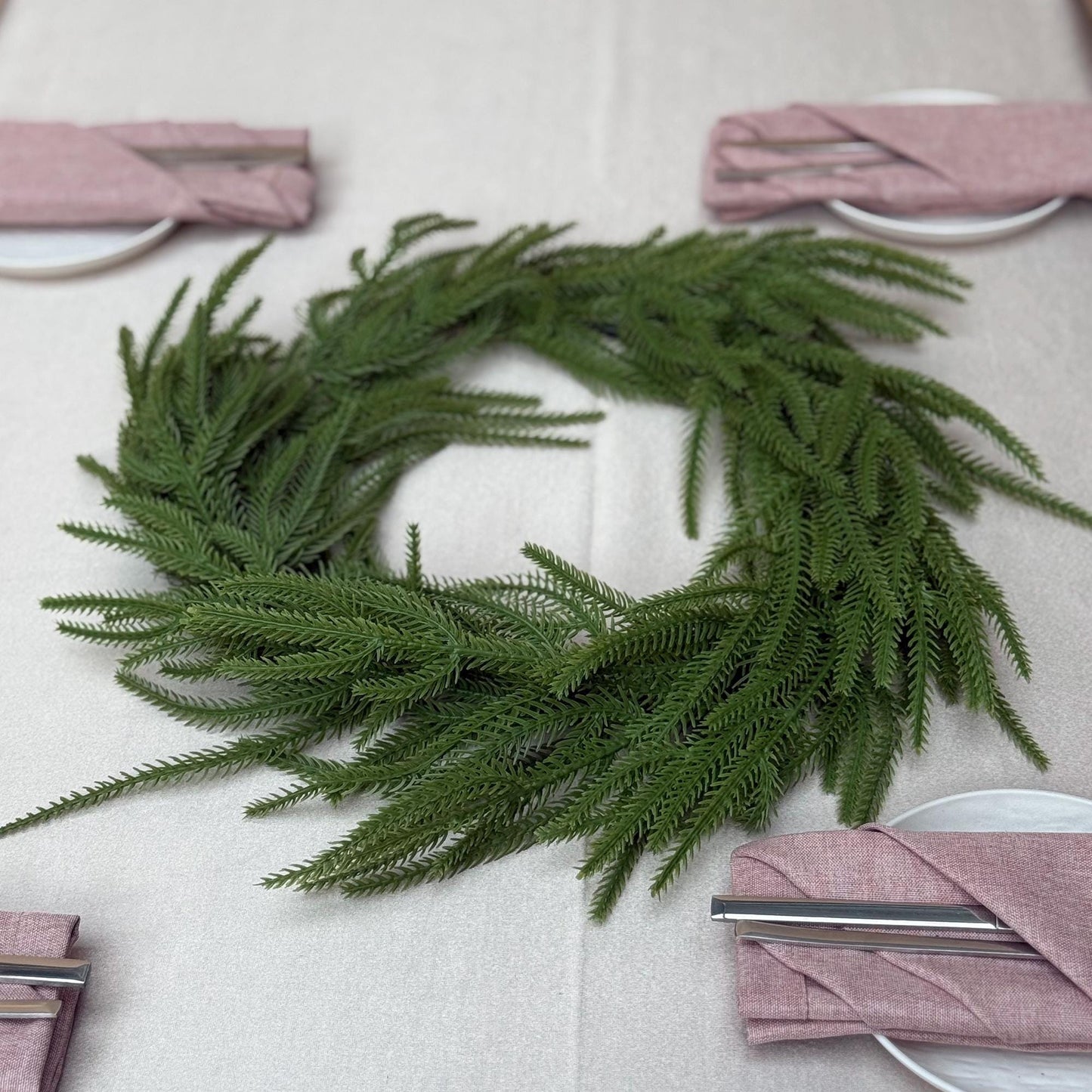 Norfolk Pine garland wreath-Christmas table runner gift box-Holly/Rusty sleigh bell for Christmas home decor/Table centerpiece/gift idea