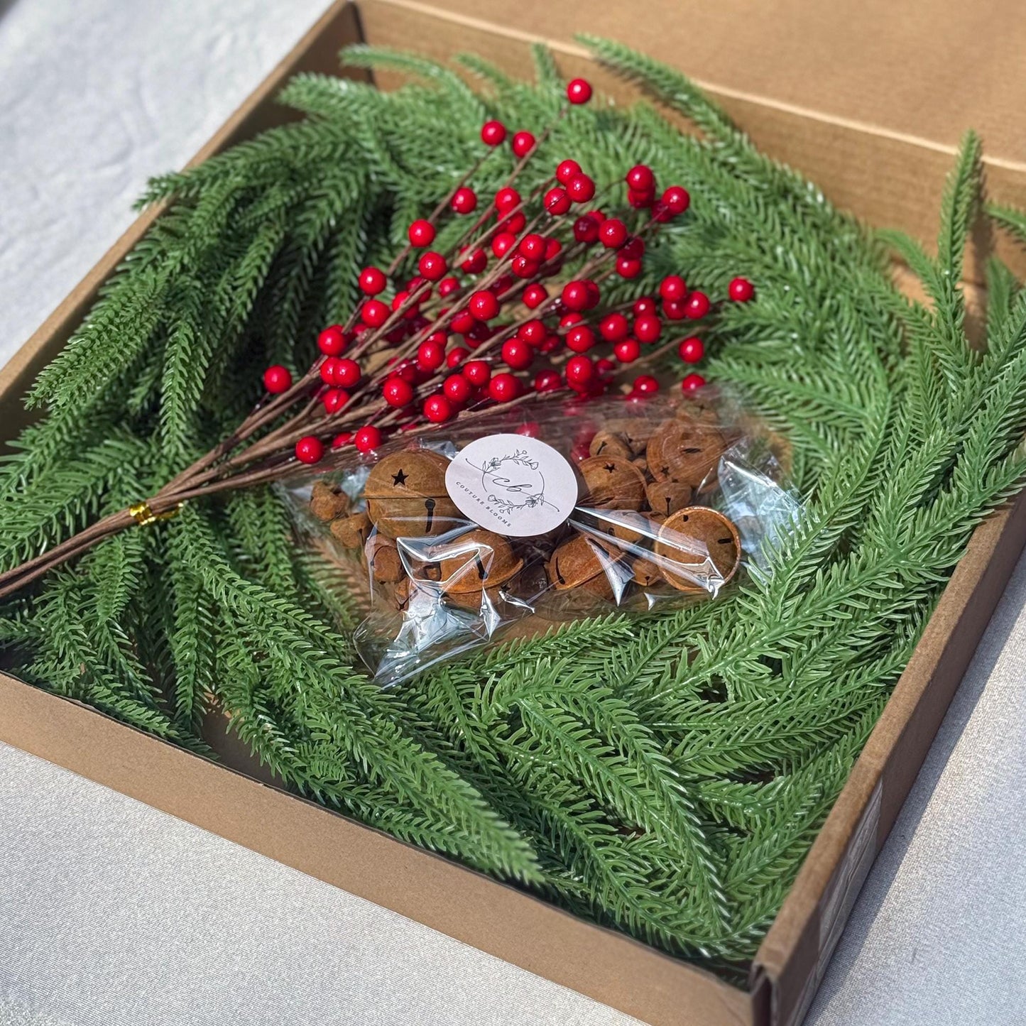 Norfolk Pine garland wreath-Christmas table runner gift box-Holly/Rusty sleigh bell for Christmas home decor/Table centerpiece/gift idea
