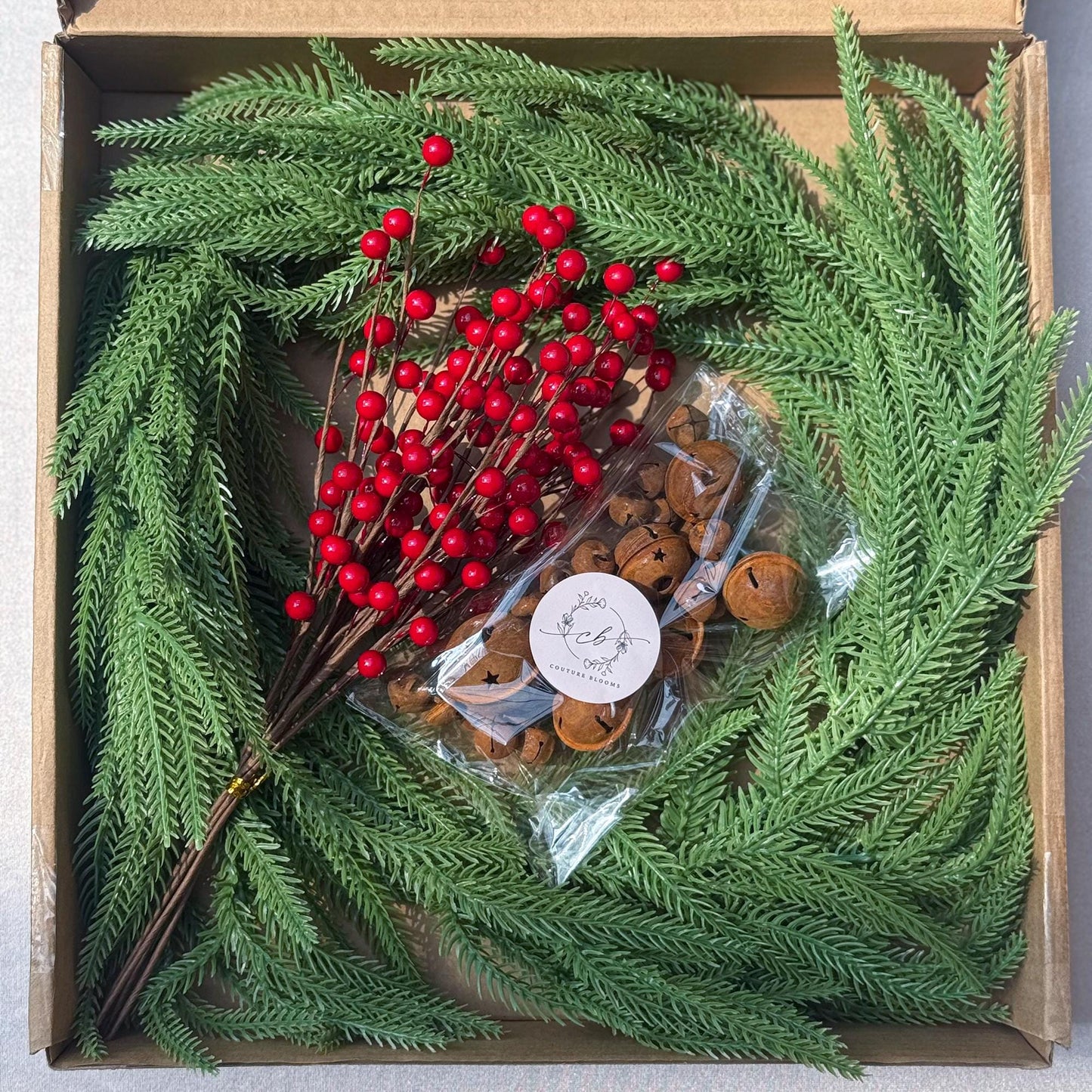 Norfolk Pine garland wreath-Christmas table runner gift box-Holly/Rusty sleigh bell for Christmas home decor/Table centerpiece/gift idea