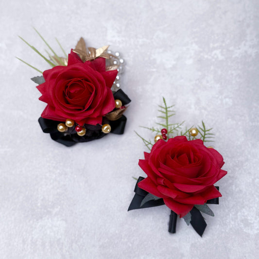 Amazing Red Black Interlaced Rose Wrist Corsage Gift For Back To School Party Boutonniere, Bridesmaid Groom Boutonniere, Bridal Accessories