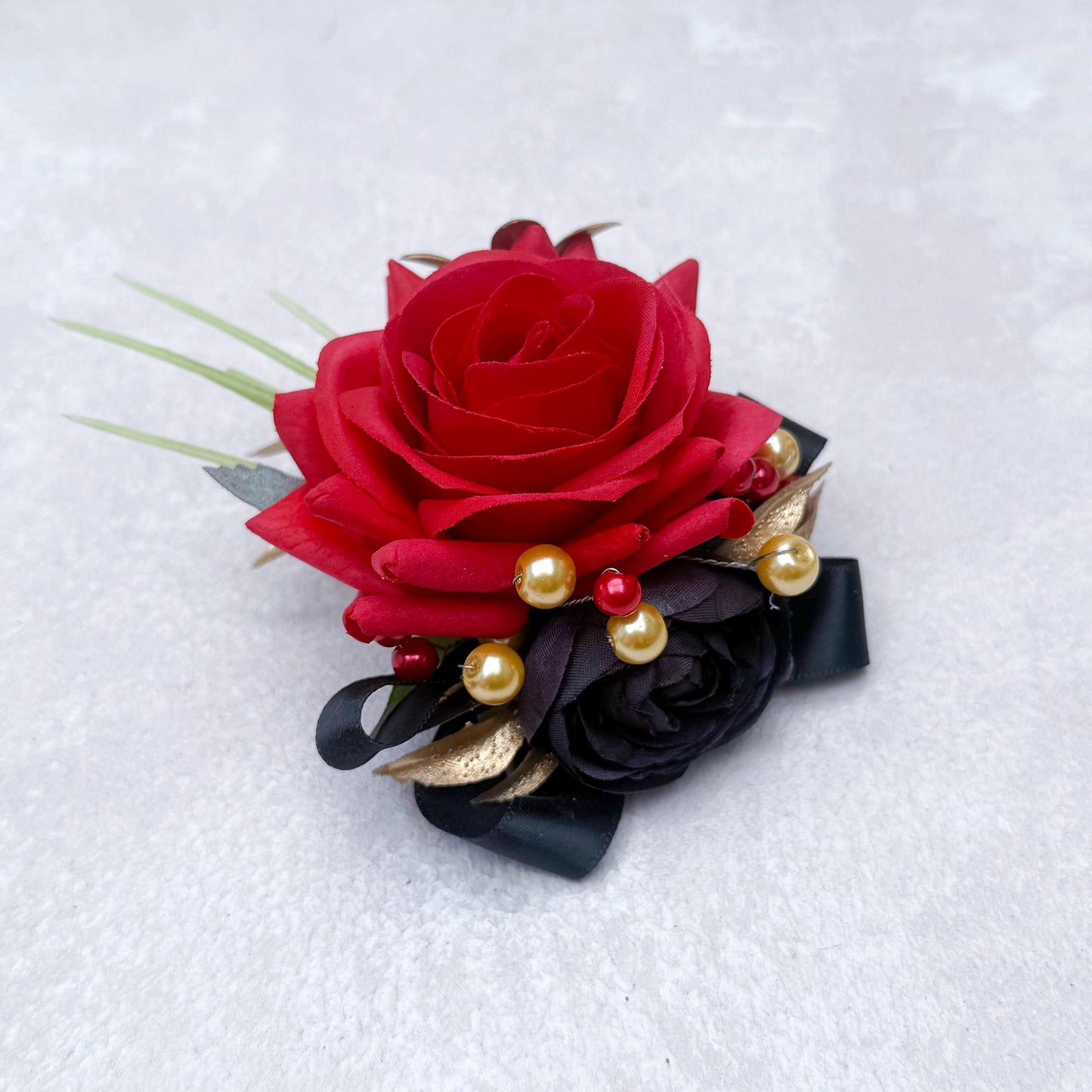 Amazing Red Black Interlaced Rose Wrist Corsage Gift For Back To School Party Boutonniere, Bridesmaid Groom Boutonniere, Bridal Accessories