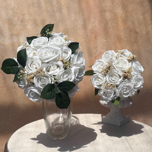 Dried Baby's Breath White Rose Bridal Bouquet, Rustic White Rose Wedding Bouquet, Wildflower Bouquet, White Rose Bridesmaid Bouquet Wedding