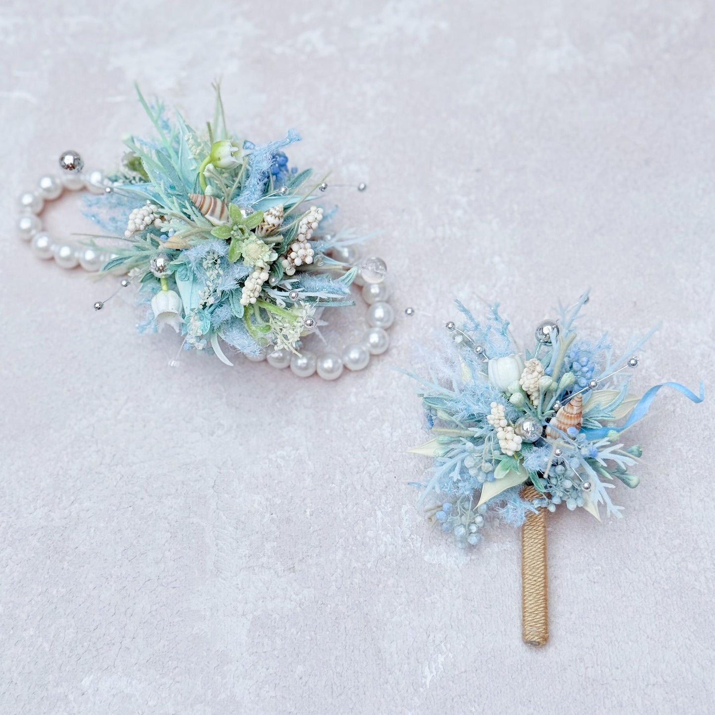Dried Wildflower Blue Pearl Bracelet - Beach Wedding, Back To School Gift, Wrist Corsage and Boutonniere Set,Gift for Mom,Bridal Accessories