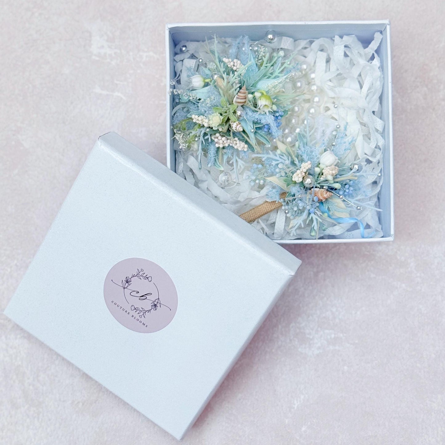 Dried Wildflower Blue Pearl Bracelet - Beach Wedding, Back To School Gift, Wrist Corsage and Boutonniere Set,Gift for Mom,Bridal Accessories