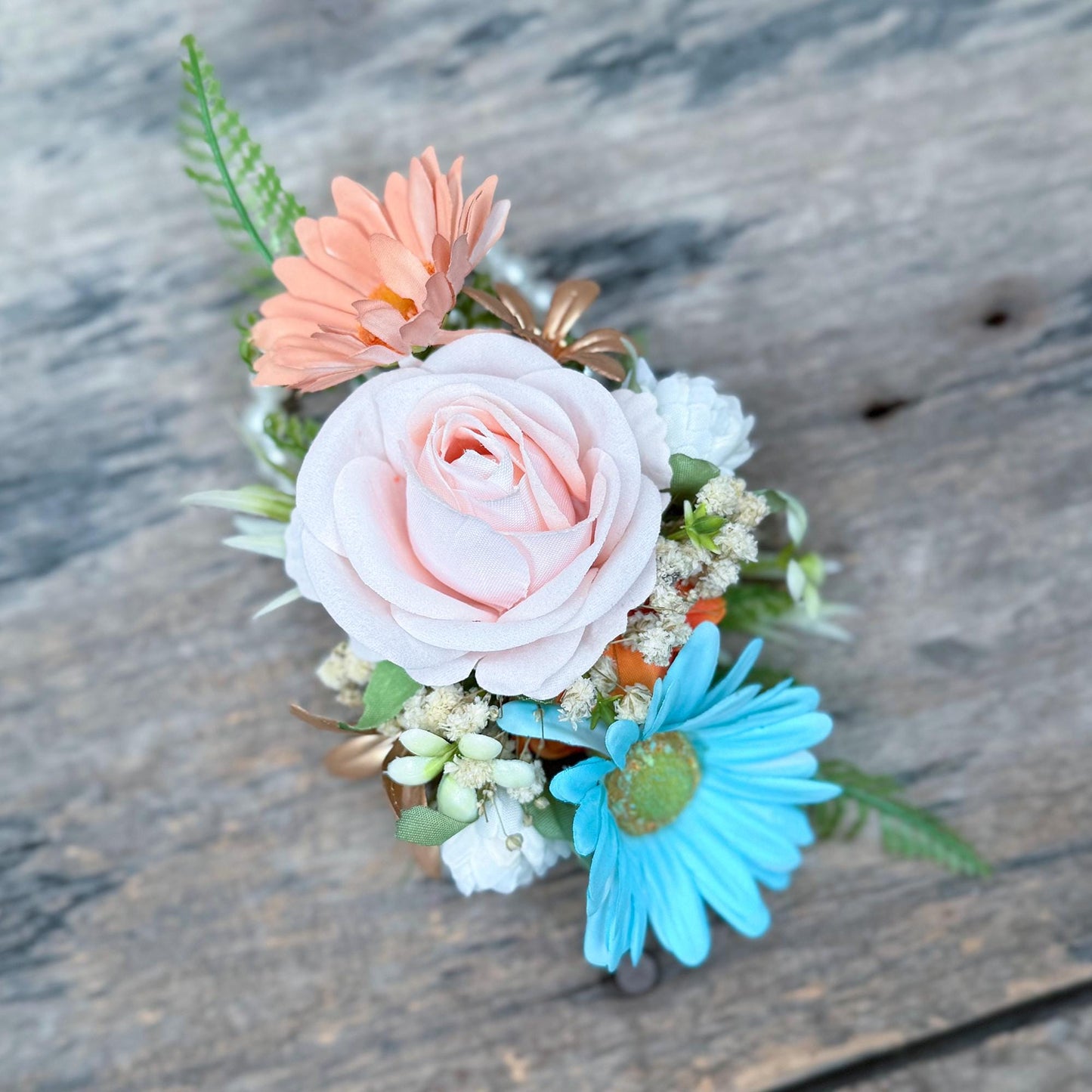 Tiffany Blue & Cappuccino Wrist Corsage – Silk Daisy Rose Baby’s Breath Bracelet – Boho Prom Corsage – Wedding Wristlet – Gift for Her