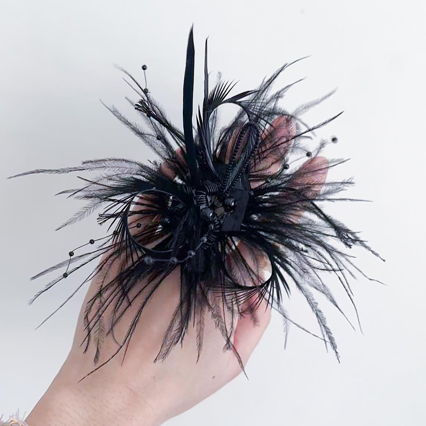 Black Feather Wrist Corsage Bracelet – Gothic Punk Funeral Boutonniere, Dark Alternative Fashion Accessory for Women, Goth Wedding or Prom