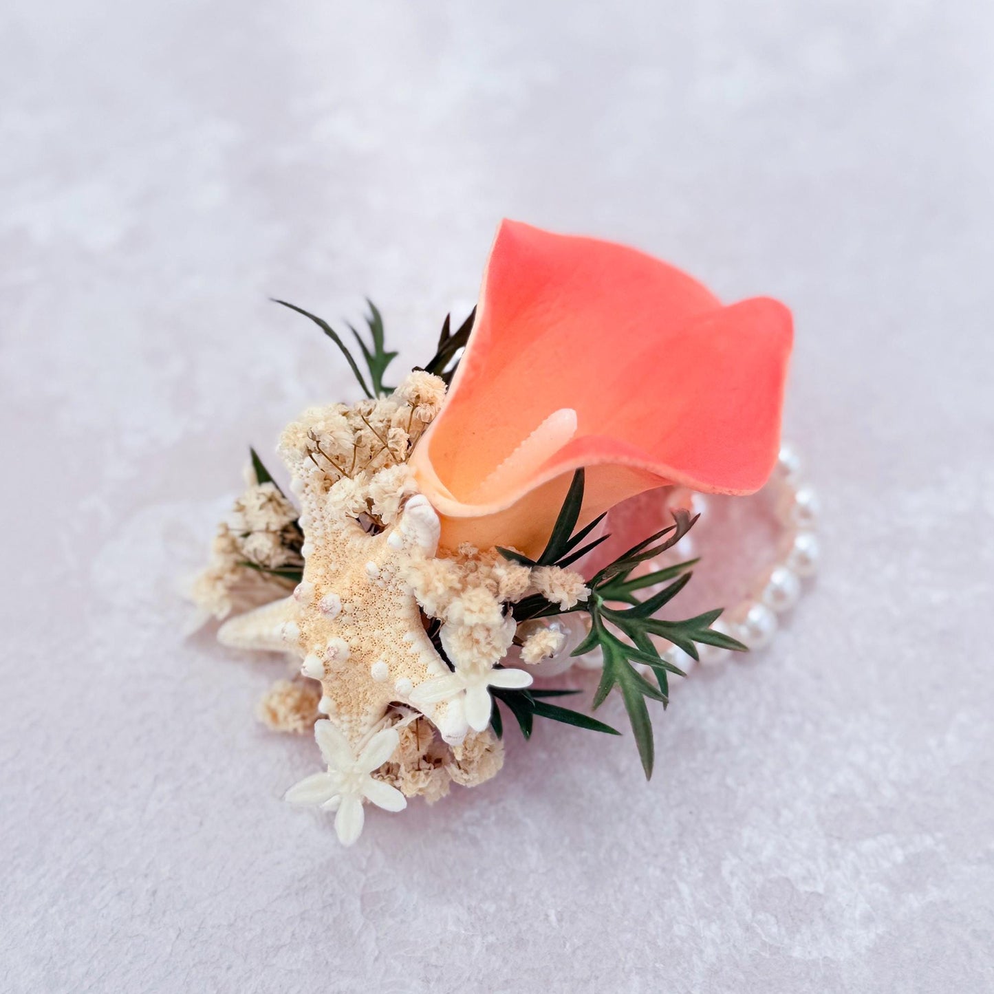 Coral Calla Lily Pearl Bracelet For Beach Wedding - Real Touch Wrist Corsage For Prom, Bride To Be Gift, Starfish Groom Boutonniere