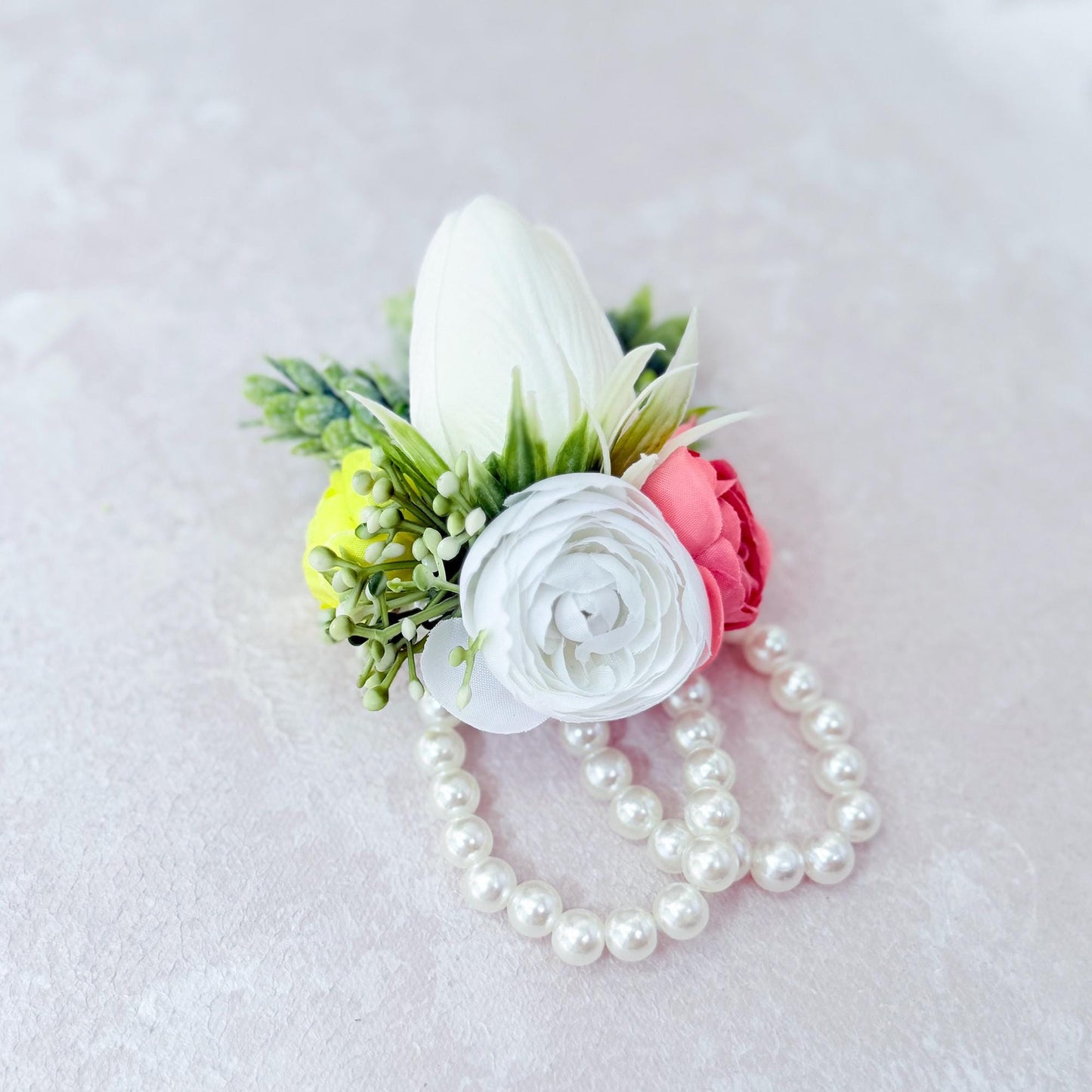 Rustic White, Yellow & Dusty Pink Rose Bracelet With Pearl, Real Touch Tulip Wrist Corsage, Gift For Her, Groom Boutonniere, Prom Corsage