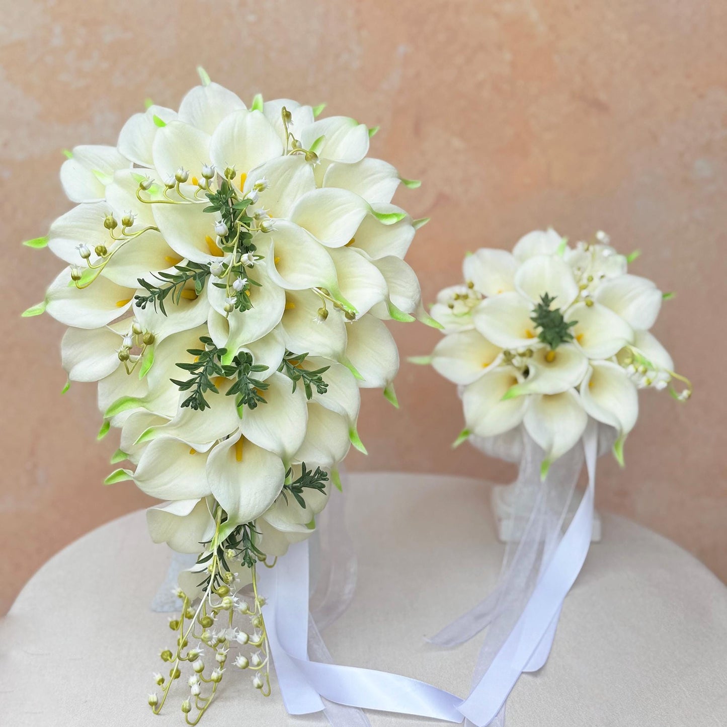 Cascade White Calla Lily Bridal Bouquet, Real Touch Green Tip Bridesmaid Bouquet, Beach Wedding Bouquet Gift, Bridal Accessories