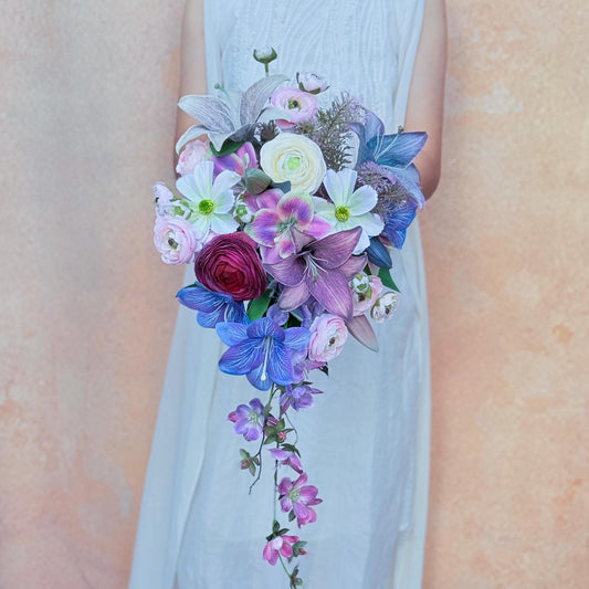 Cascade Bohemian Wildflower Bridal Bouquet Box- Pink Purple blue Wildflower wedding bouquet, Blue Lily Bridesmaid Bouquet, Gift For Her Swag