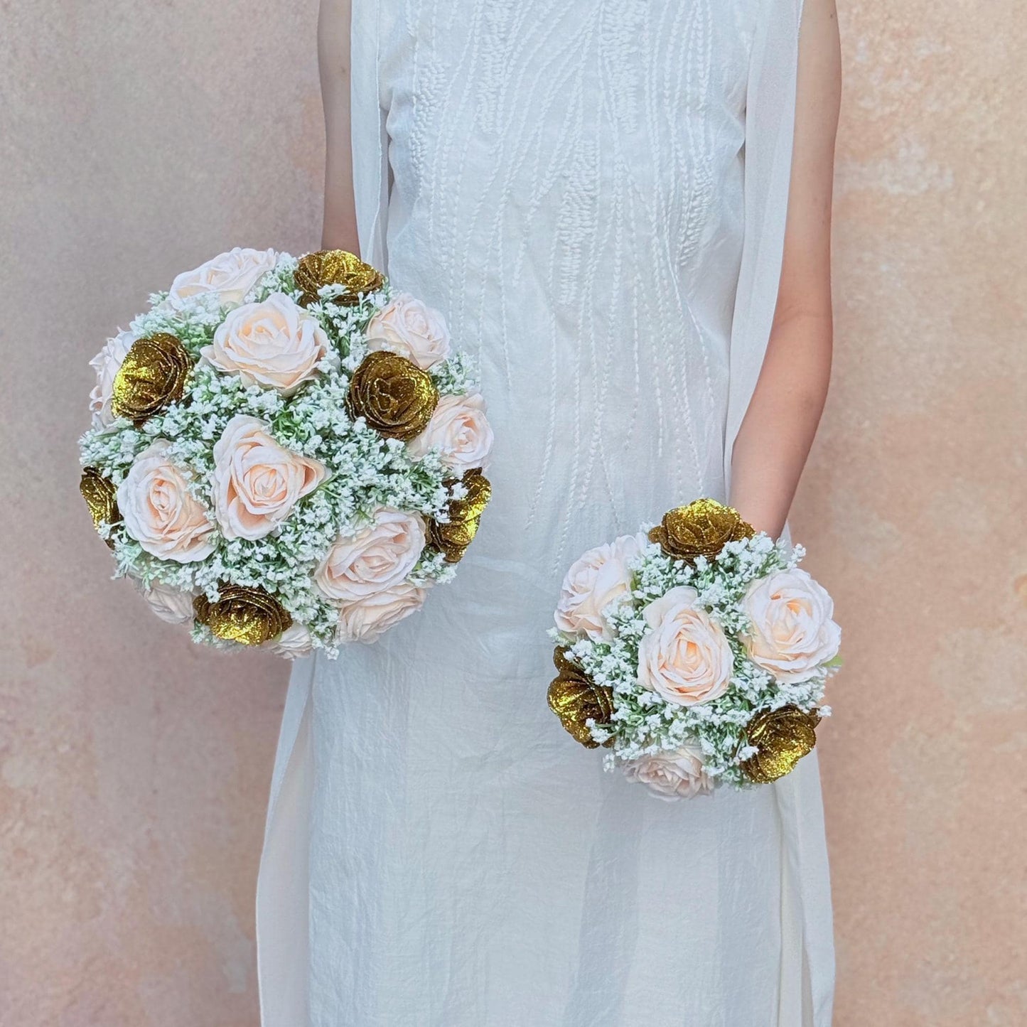 Glitter Champagne Pink Bridal Bouquet with baby's breath – Wedding Bouquet, Quinceanera, 15th Birthday, Coming of Age Ceremony, Gift for Her