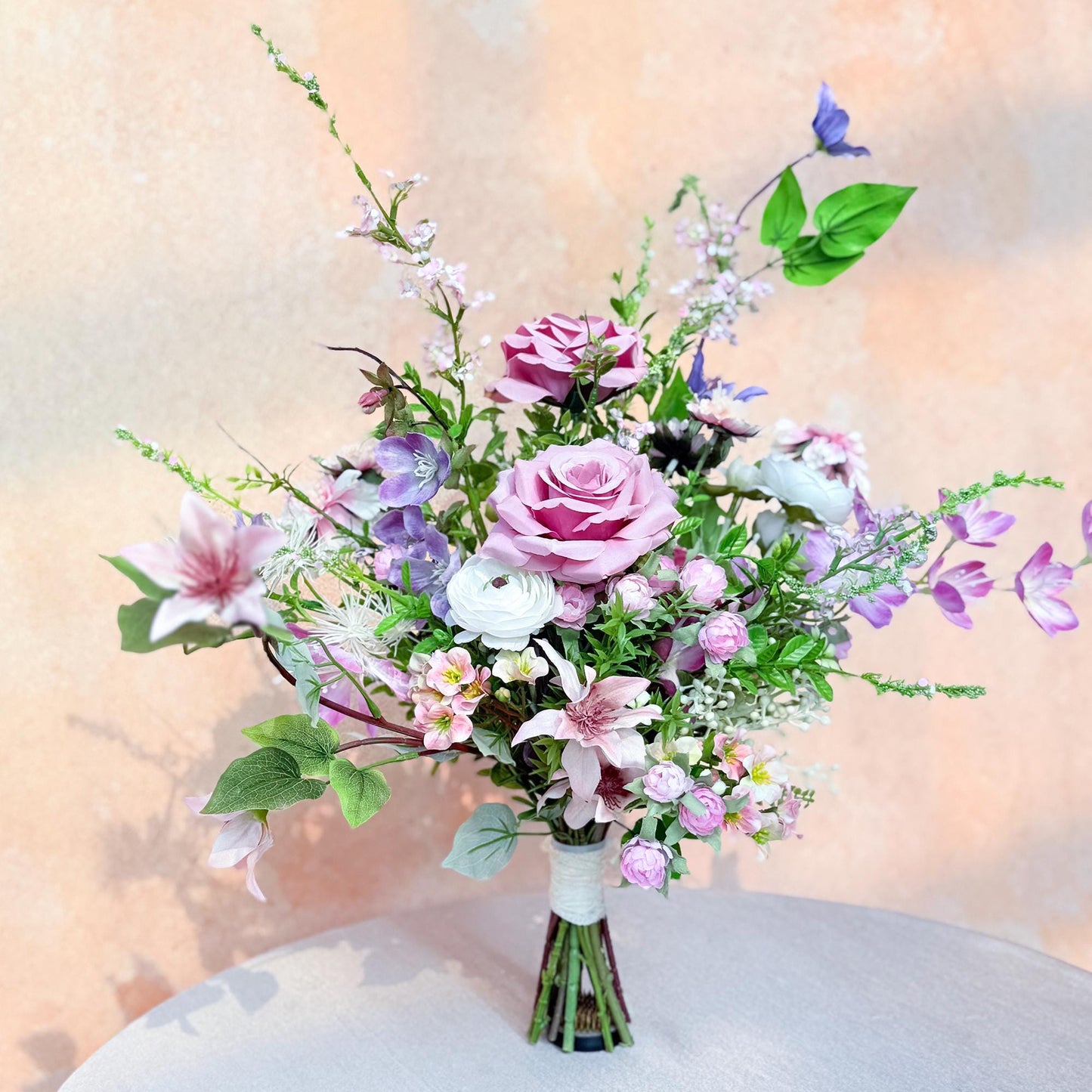 Large Lilac Wildflower Wedding Bouquet, Silk Purple Rose Flower Bridal Bouquet, Faux Flower Bouquet for Beach Garden Wedding, Home Decor