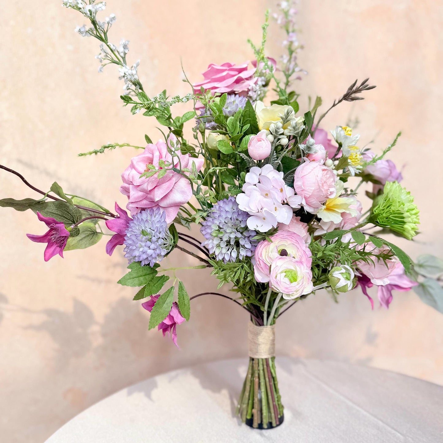 Large Pink Wildflower Wedding Bouquet, Silk Peony Rose Flower Bridal Bouquet, Faux Flower Bouquet for Beach Wedding, Monet Garden Wedding