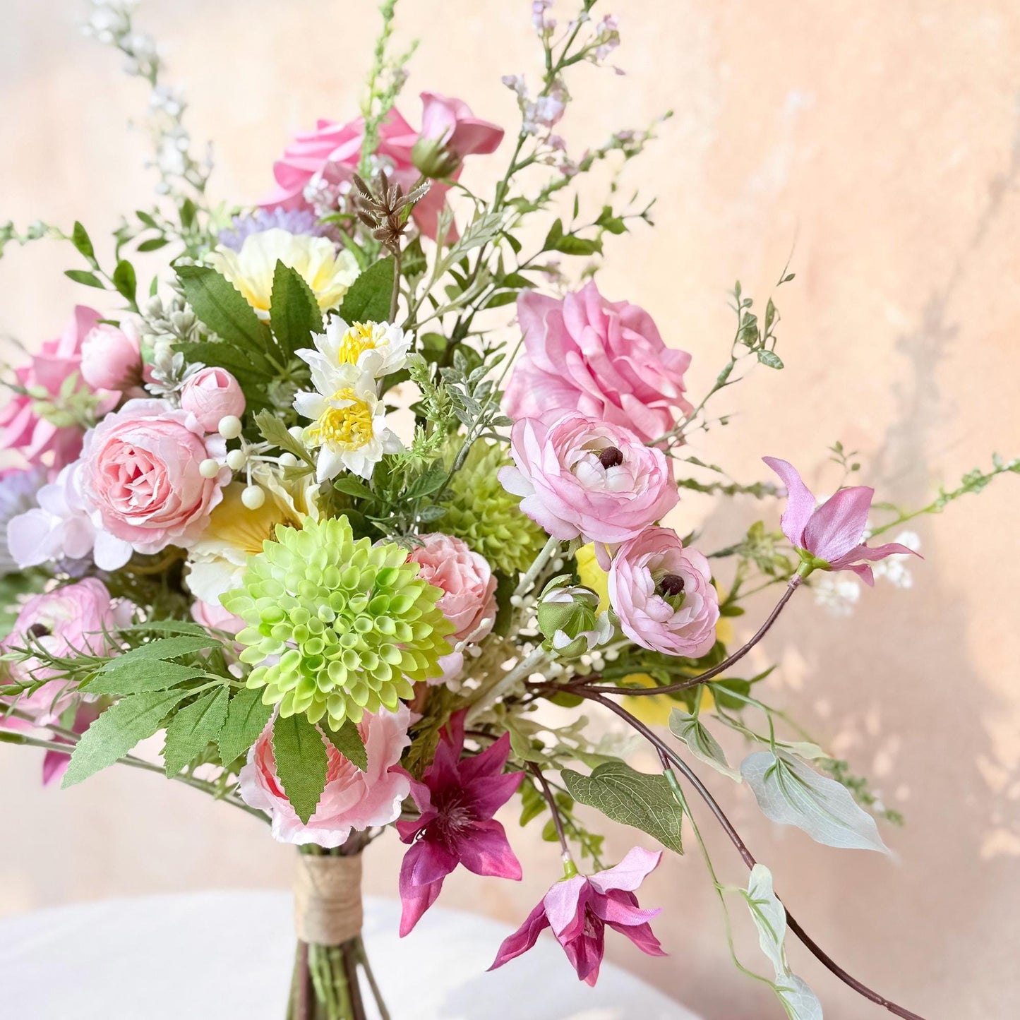 Large Pink Wildflower Wedding Bouquet, Silk Peony Rose Flower Bridal Bouquet, Faux Flower Bouquet for Beach Wedding, Monet Garden Wedding