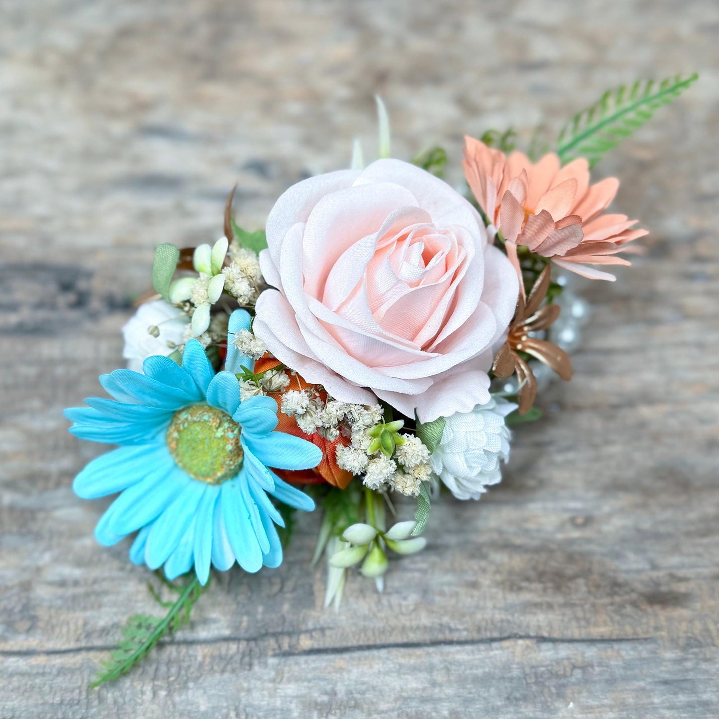 Tiffany Blue & Cappuccino Wrist Corsage – Silk Daisy Rose Baby’s Breath Bracelet – Boho Prom Corsage – Wedding Wristlet – Gift for Her
