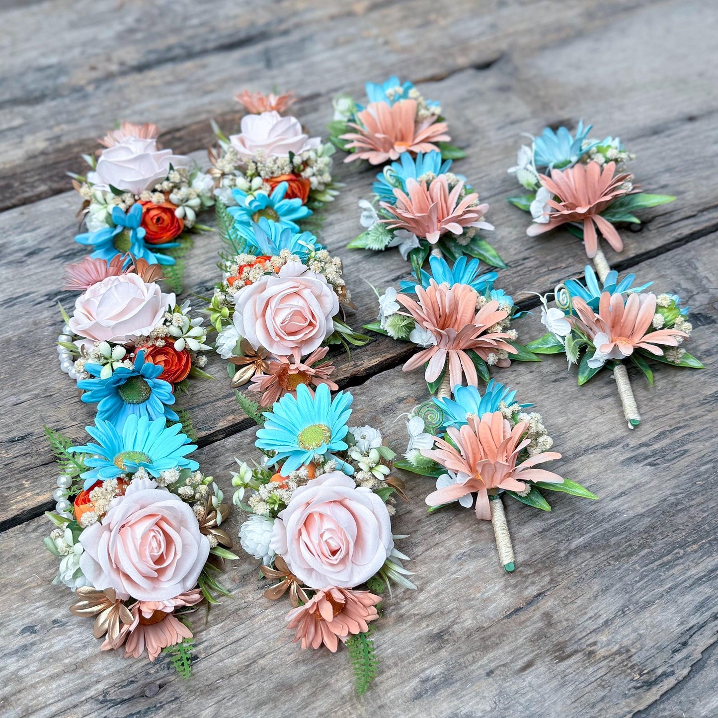 Tiffany Blue & Cappuccino Wrist Corsage – Silk Daisy Rose Baby’s Breath Bracelet – Boho Prom Corsage – Wedding Wristlet – Gift for Her