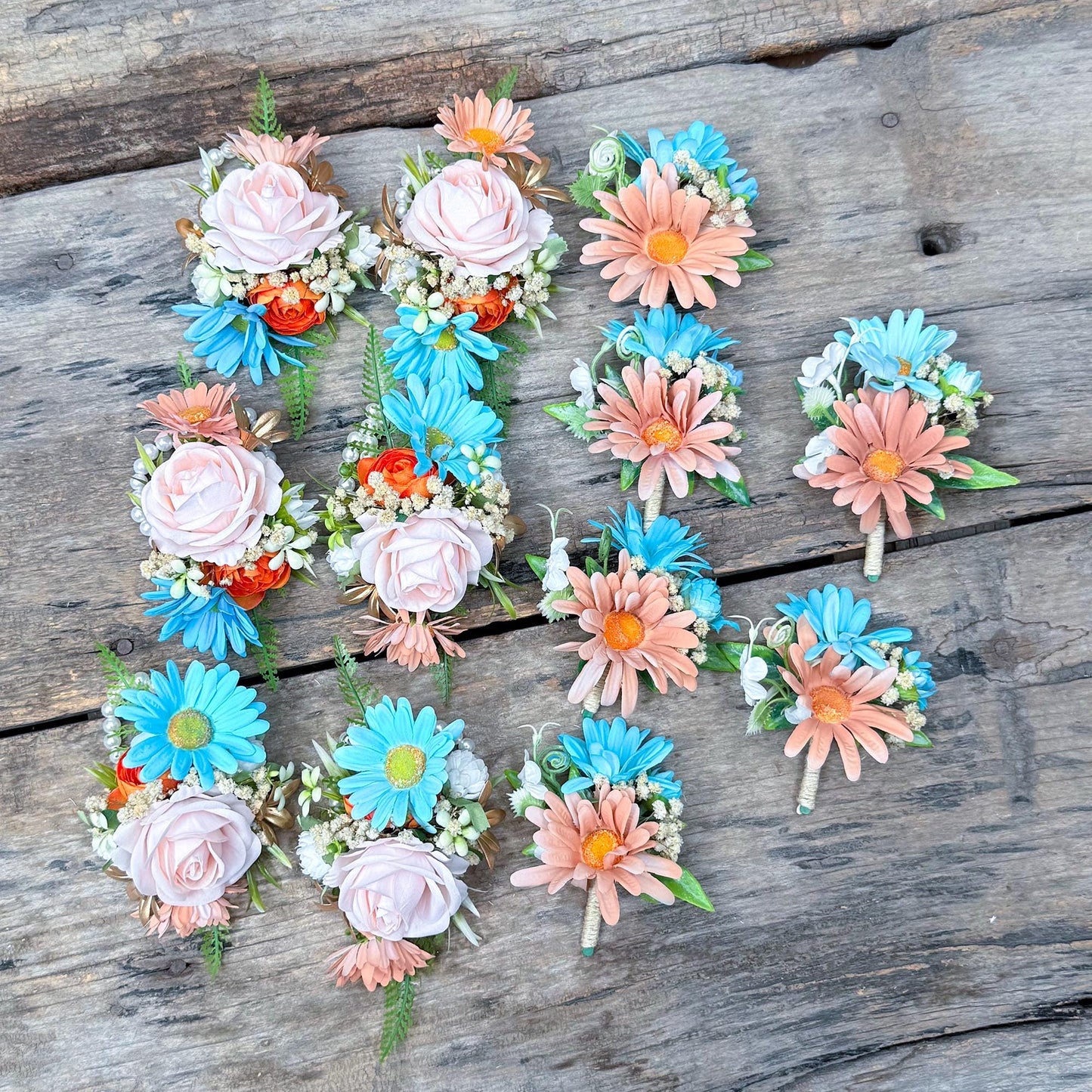 Tiffany Blue & Cappuccino Wrist Corsage – Silk Daisy Rose Baby’s Breath Bracelet – Boho Prom Corsage – Wedding Wristlet – Gift for Her