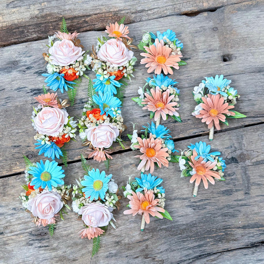 Tiffany Blue & Cappuccino Wrist Corsage – Silk Daisy Rose Baby’s Breath Bracelet – Boho Prom Corsage – Wedding Wristlet – Gift for Her